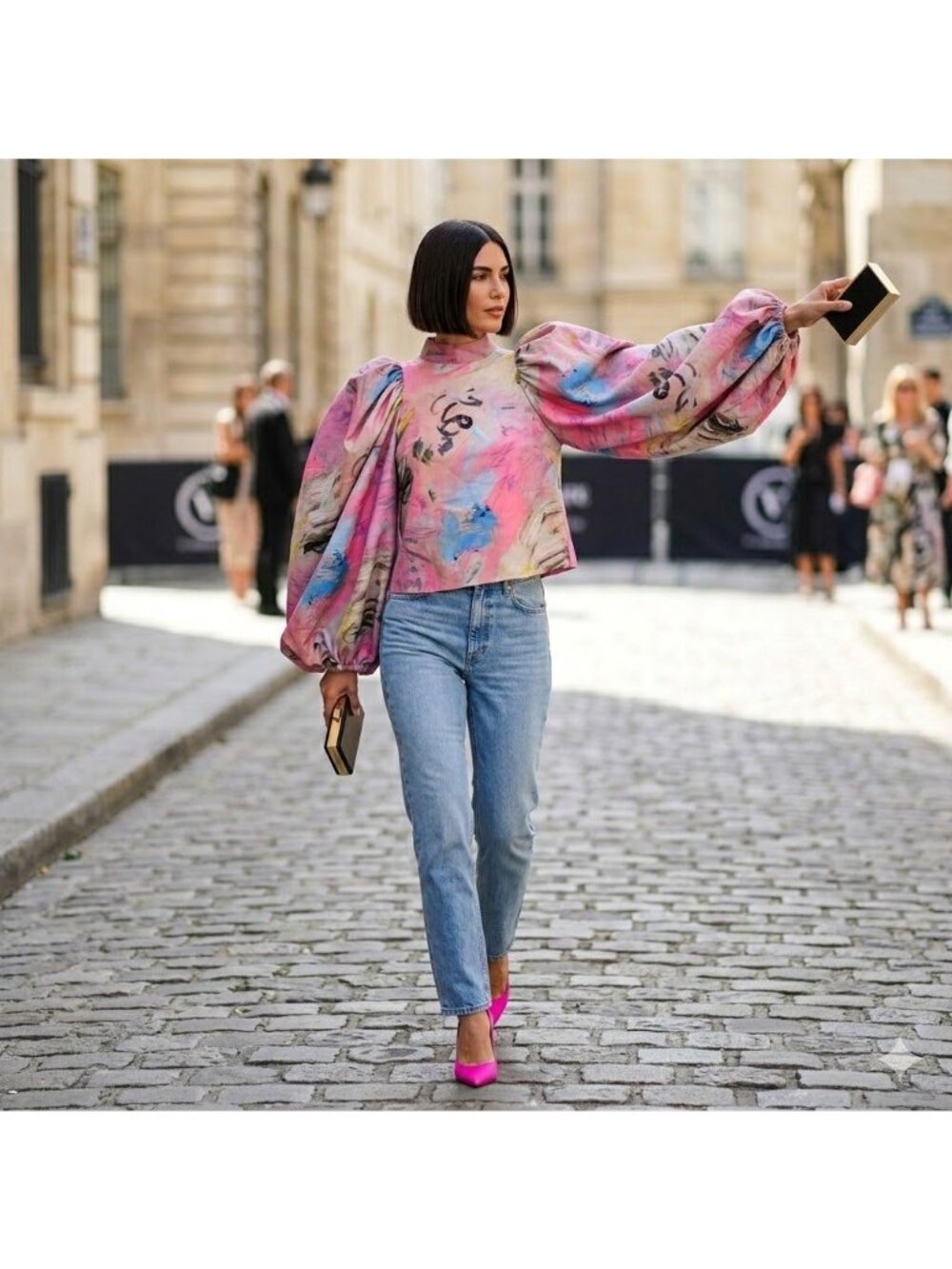 NEUBYRNE Constance Plates Print Pink Abstract Blouse Puff Balloon Sleeve Medium